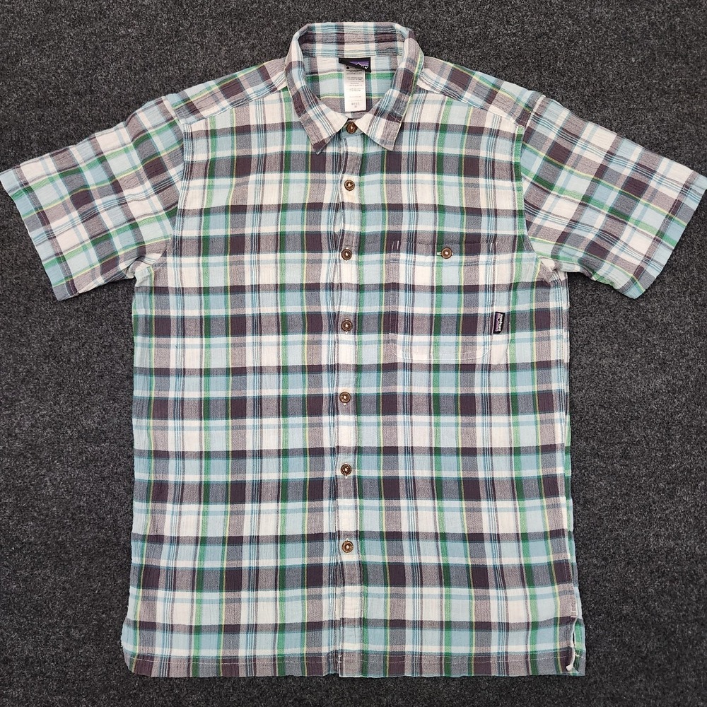 Patagonia Mens Medium Blue Plaid A/C Organic Cotton Lightweight Button Up Shirt*